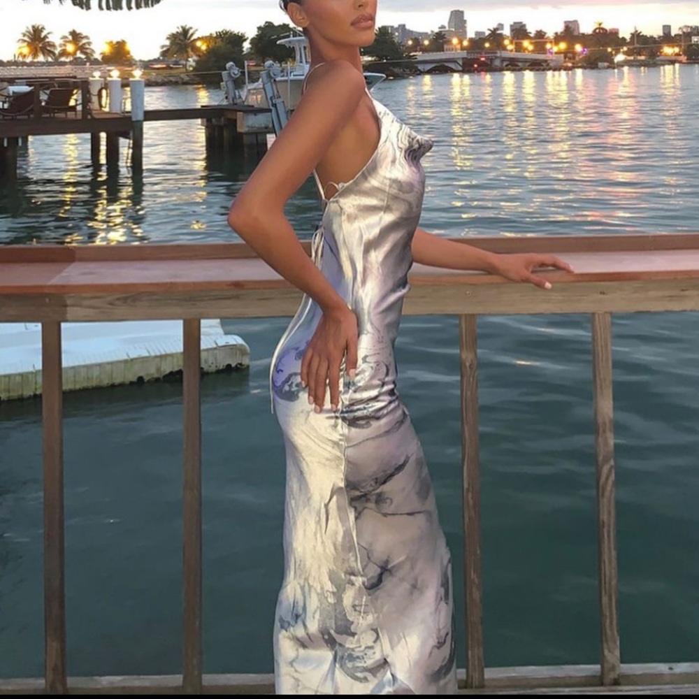 marble print satin maxi dress